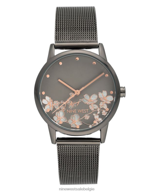 Nine West L48XT2868 staalgrijs Mesh armbandhorloge met bloemenwijzerplaat