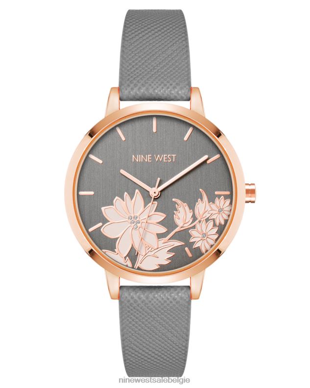 Nine West L48XT2884 grijs Horloge met saffianoband met bloemenwijzerplaat