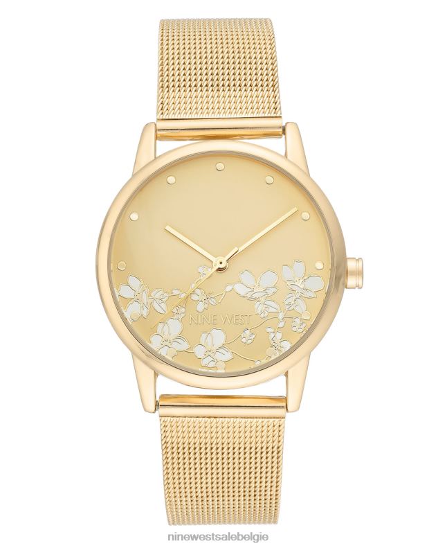 Nine West L48XT2894 gouden toon Mesh armbandhorloge met bloemenwijzerplaat