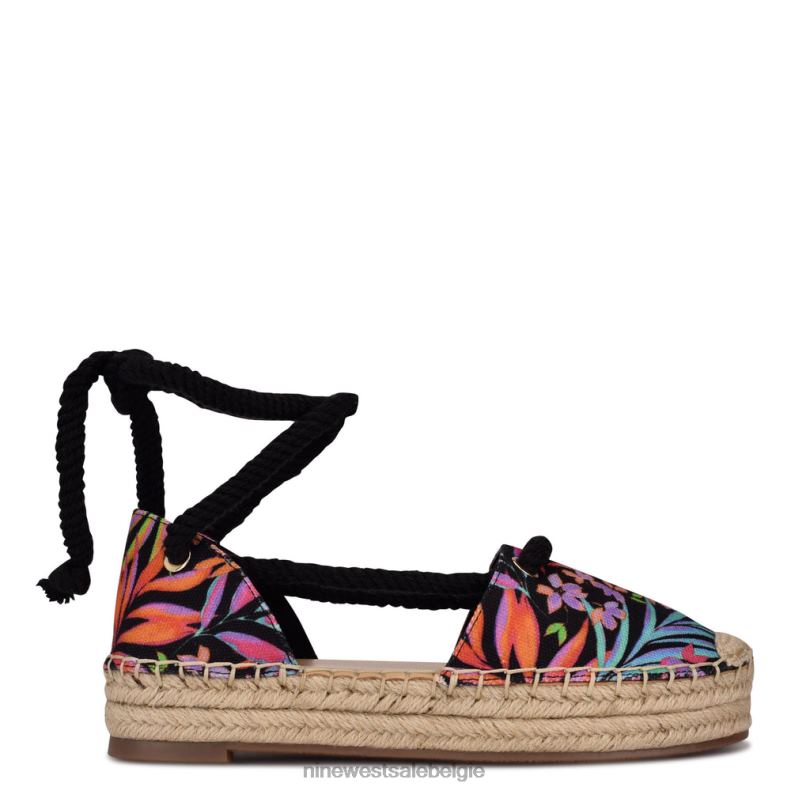 Nine West L48XT980 zwart multi-bloemig Meaks enkelwikkel espadrille flats