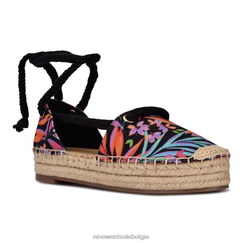 Nine West L48XT980 zwart multi-bloemig Meaks enkelwikkel espadrille flats