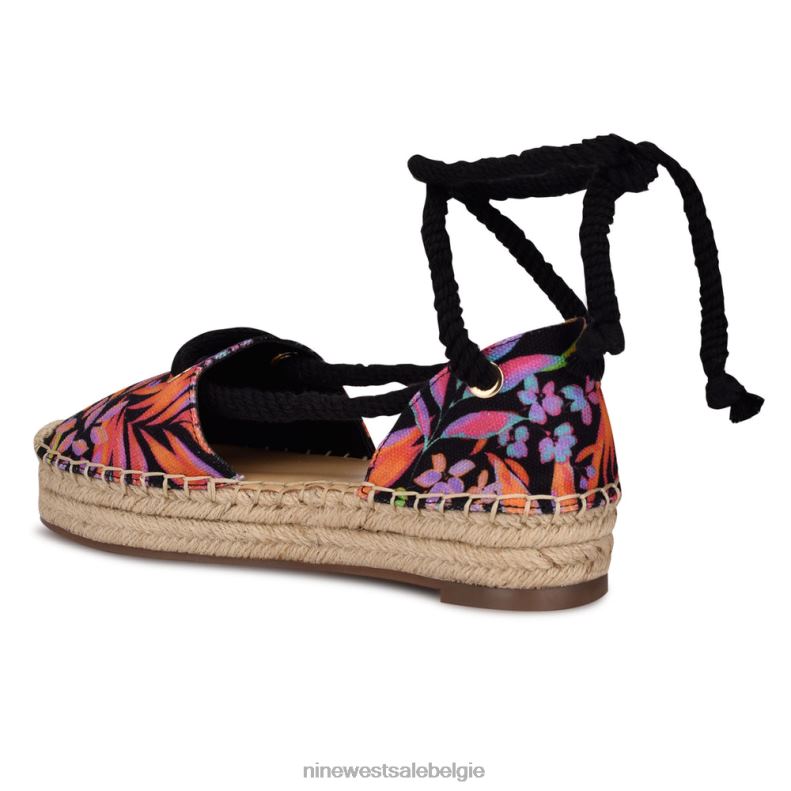 Nine West L48XT980 zwart multi-bloemig Meaks enkelwikkel espadrille flats