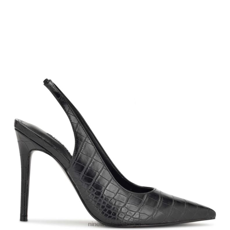 Nine West L48XT1090 zwarte reliëfkroko Slingback pumps met puntige neus en veren