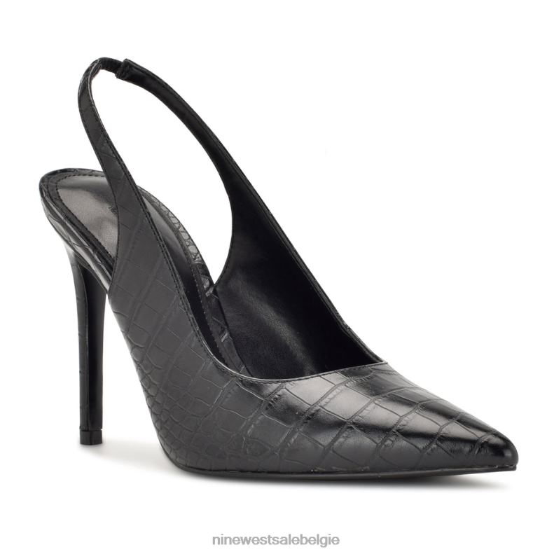 Nine West L48XT1090 zwarte reliëfkroko Slingback pumps met puntige neus en veren