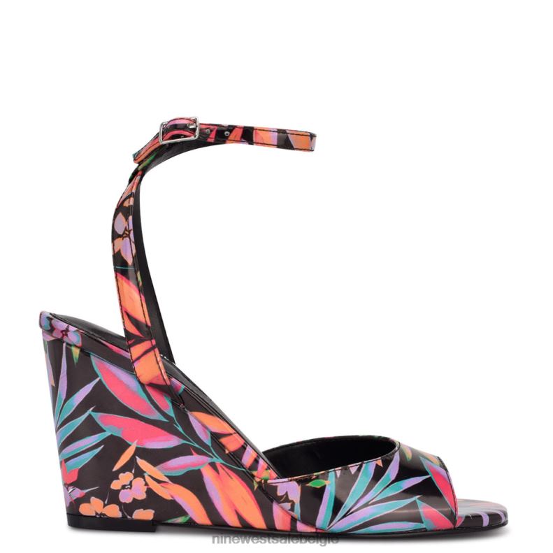 Nine West L48XT788 zwarte tropische print Nevr sandalen met enkelbandje en sleehak