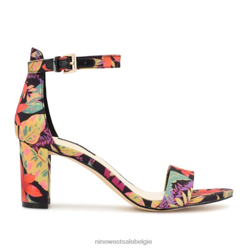 Nine West L48XT182 zwart multi-bloemig Sparren sandalen met enkelbandje en blokhak