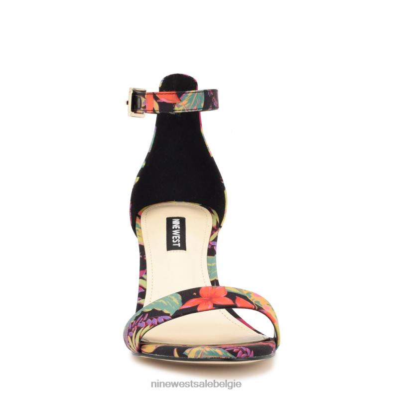 Nine West L48XT182 zwart multi-bloemig Sparren sandalen met enkelbandje en blokhak