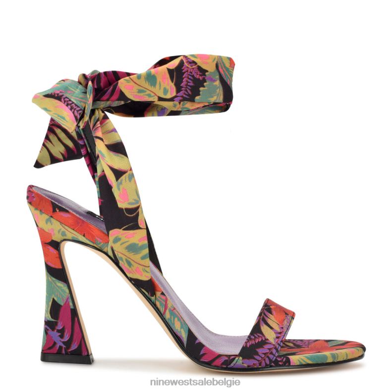 Nine West L48XT184 zwarte multi tropische bloemen Kelsie sandalen met enkelwikkel en hak